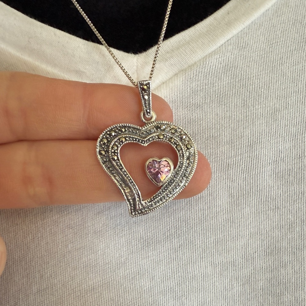 Vintage Sterling Silver Heart Pendant Necklace with Marcasite and Pink Gemstone